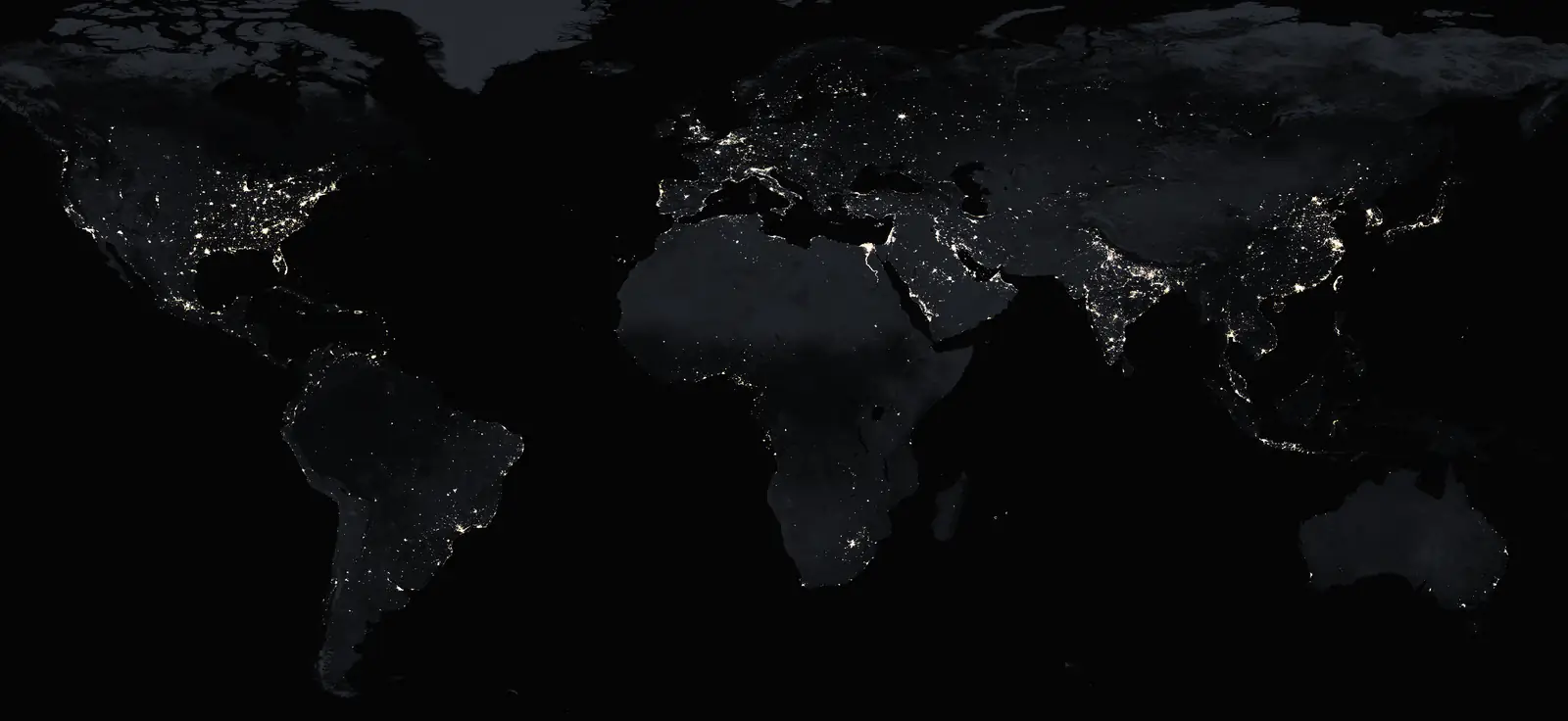 Earth at night from NASA satellite imagery, with our five regions marked: Southeast Asia, the GCC, Europe, Australia and the USA, and our base in Dhaka